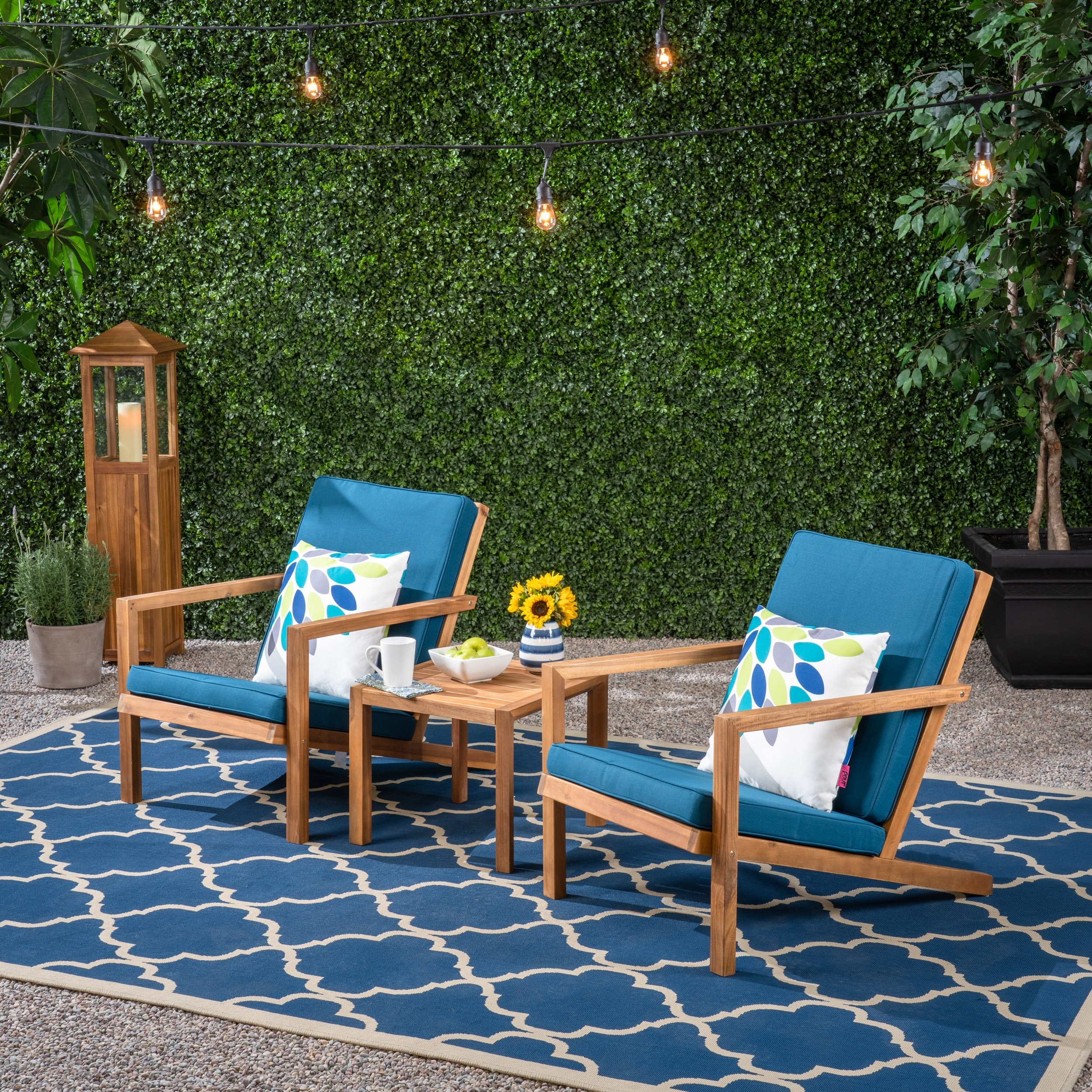 Comfy Chat Set Upholstered Chair Set with Soft Cushion, Brown Blue Outdoor Conversation Set with Wood Side Table