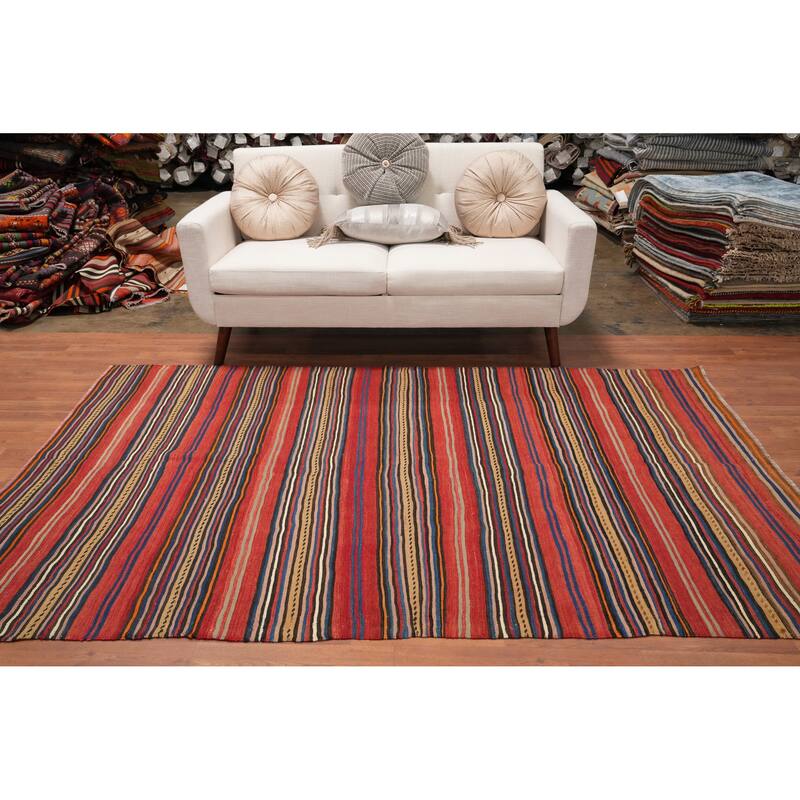 Hand Woven Oriental 100% Wool Carpet Southwestern Geometric Oranges & Rust Kilim Area Rug - 7' 11'' X 5' 2''