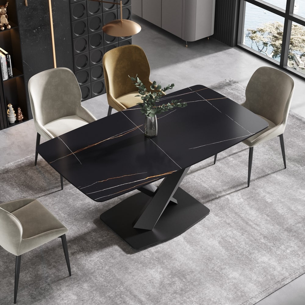 71" Rectangular Sintered Stone Dining Table with Black X-shaped Carbon Steel Legs