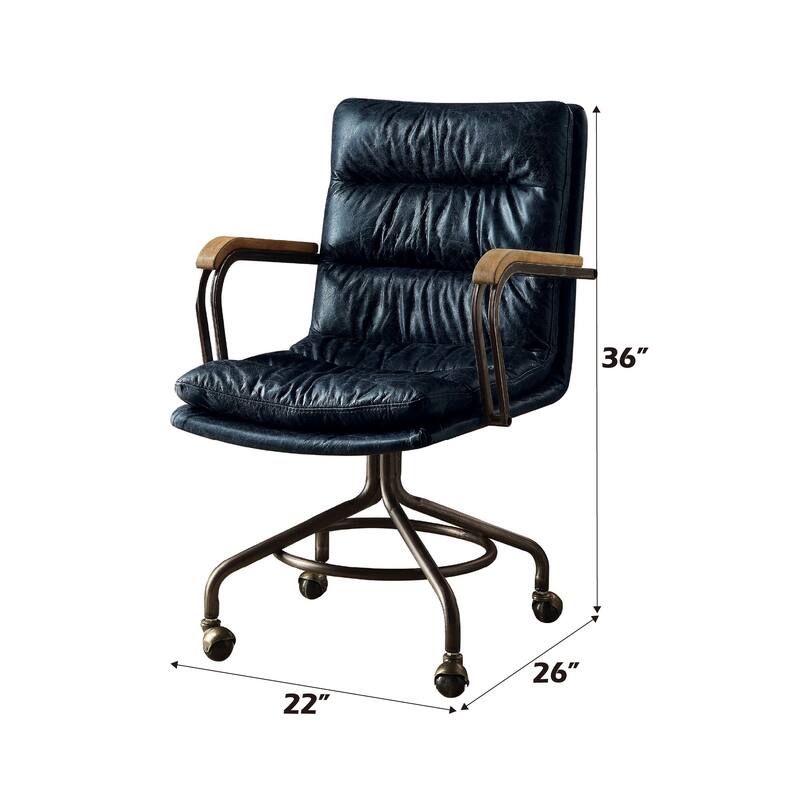 Classic Vintage Blue Leather Office Chair with Swivel Seat, Padded Cushions, and Stylish Wooden Armrests