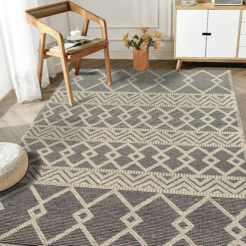Handwoven Wool Black Contemporary Geometric Durrie Kilim Rug - Modern Artistry and Timeless Craftsmanship - 9' x 12'