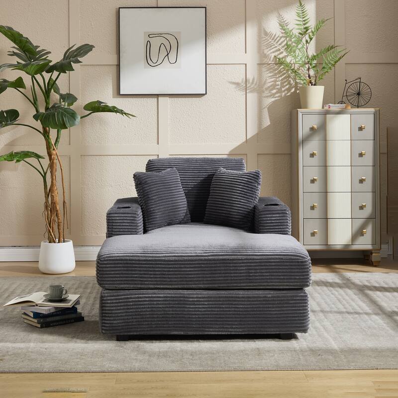 Corduroy Upholstered Chaise Lounge Sofa,Magazine bag,Detachable Cushions Deep Seat for Living Room Office