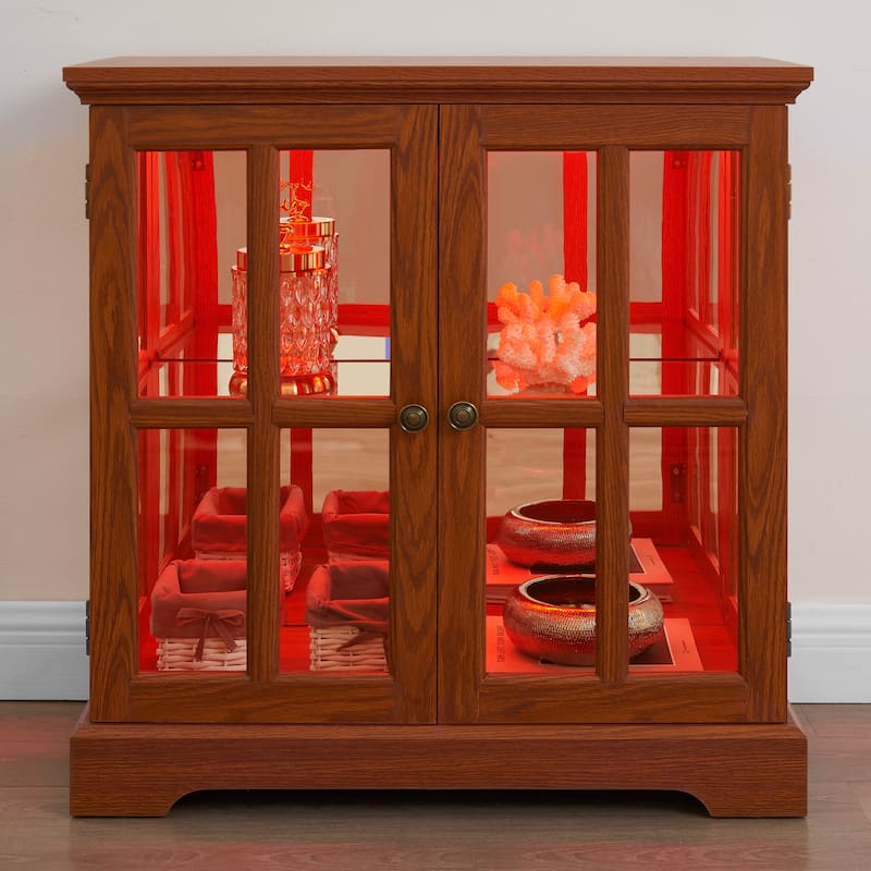 LED Curio Display Cabinet, Showcase with Adjustable Shelves & Lattice Doors, Multi-functional Glass Storage Cabinet