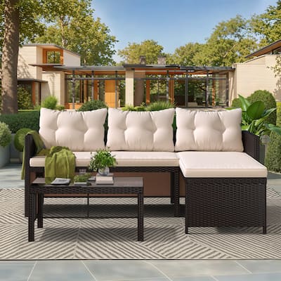 EROMMY 3-Piece Outdoor Patio Furniture Set, All-Weather PE Rattan Sofa Set with Glass Table & Cushions, Perfect for Balcony