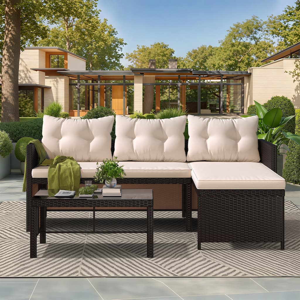 EROMMY 3-Piece Outdoor Patio Furniture Set, All-Weather PE Rattan Sofa Set with Glass Table & Cushions, Perfect for Balcony