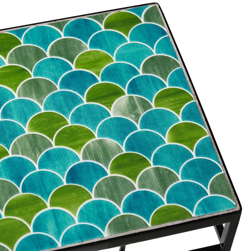 Glitzhome Set of 3 Metal Nesting Planter Stands Square Plant Holder with Green Pattern Ceramic Tiles Table Top