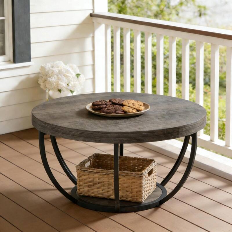 Round 2-Tier Wood Coffee Table with Metal Base for Living Room