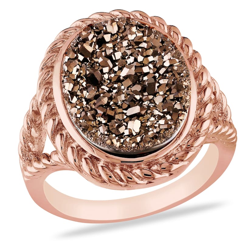 Miadora Oval Cut Coffee 3 1/2ct TGW Druzy Gemstone Bezel-set Split Shank Ring in Rose Plated Sterling Silver