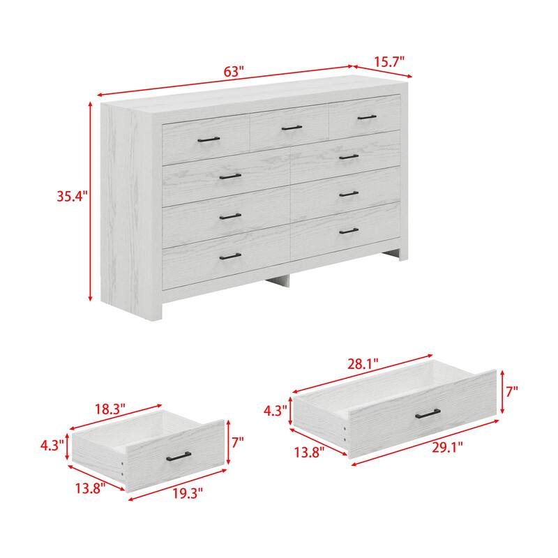63" White 9 Drawer Dresser for Bedroom, Modern Wide Wood Storage Dresser with Metal Handles