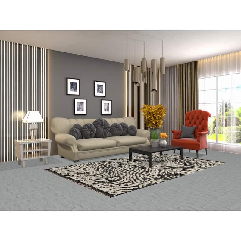 Black & Ivory Moroccan Abstract Area Rug Hand-Knotted Wool Carpet - 4'11"x 8'1"