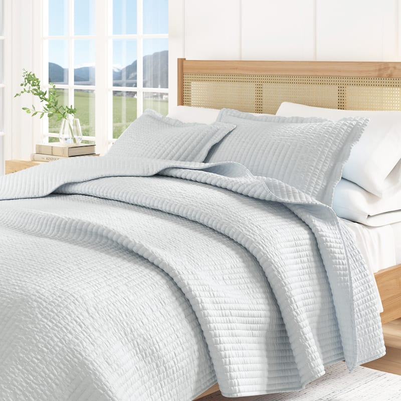 Linery & Co. Detailed Channel Stitch Microfiber Quilt Set With Shams. - Baby Blue - Queen