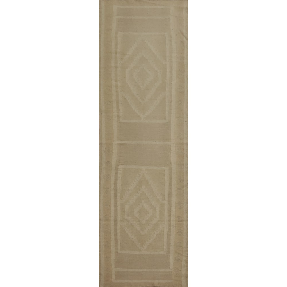 Hand Woven Oriental 100% Wool Carpet Southwestern Tribal Beige & Ivories Kilim Runner Rug - 12' 0'' X 2' 7''