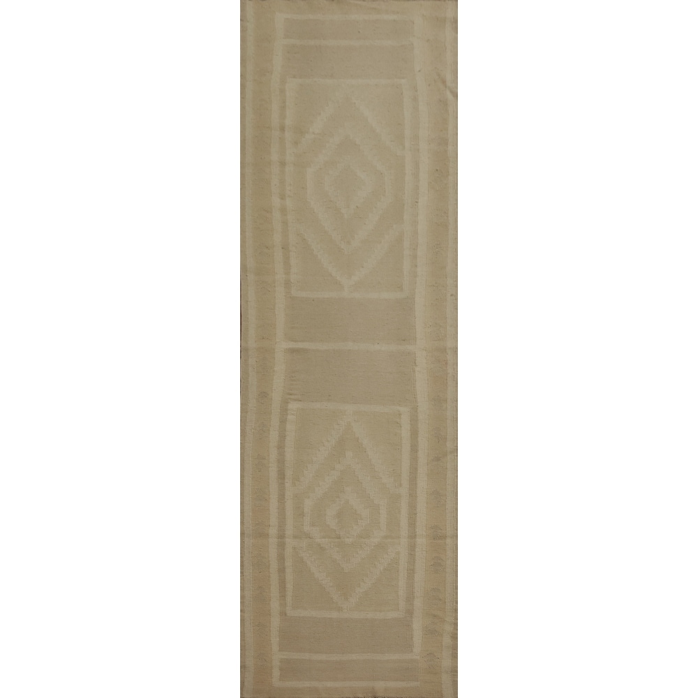 Hand Woven Oriental 100% Wool Carpet Southwestern Tribal Beige & Ivories Kilim Runner Rug - 12' 0'' X 2' 7''