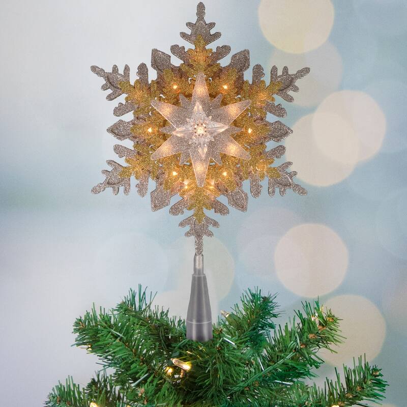 13.75" Lighted Gold and Silver Snowflake Christmas Tree Topper Clear Lights