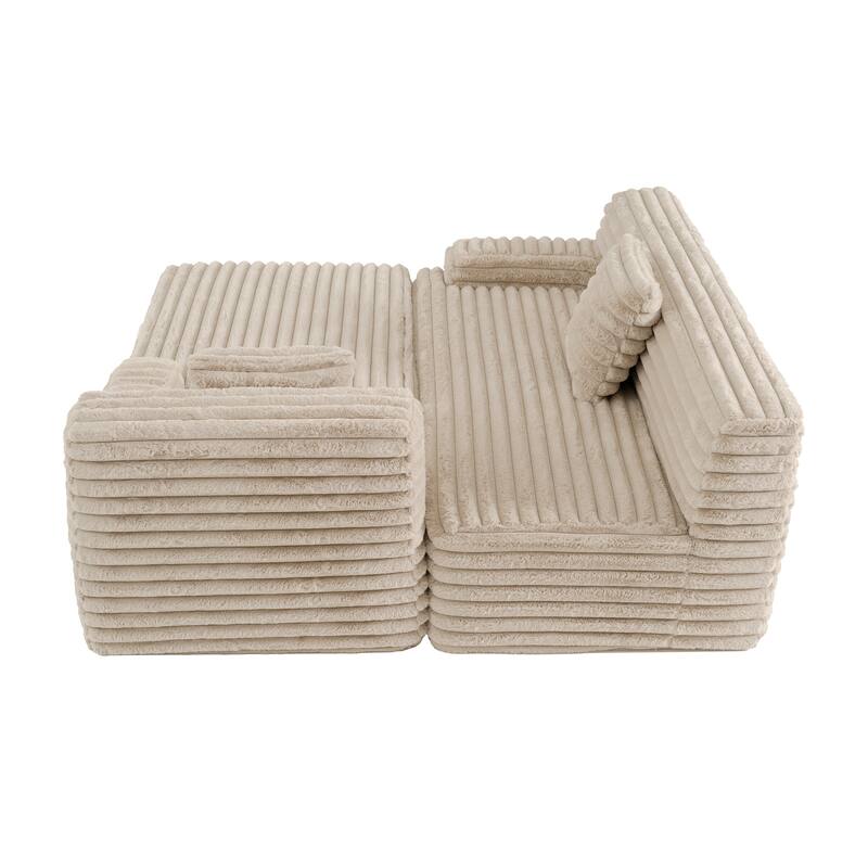 L Shape Modular Sectional Sofa with Chaise, Full-Compressed Boneless Couches, Faux Fur 3 Seat Sofa with 2 Throw Pillows