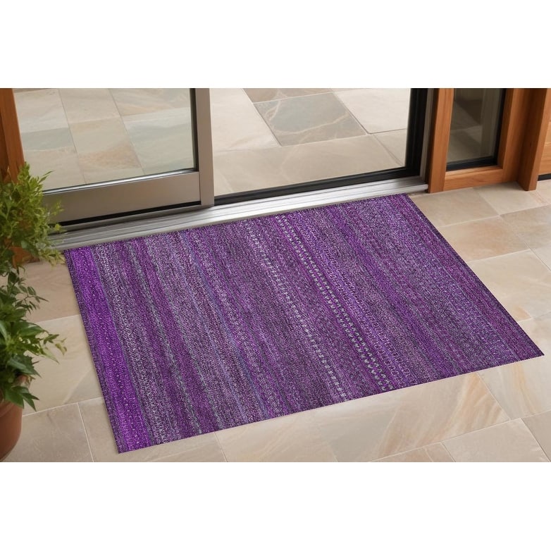 Hane Stripe Weather Resistant Timeless Fusion Outdoor Rug - 2' x 3' - Purple