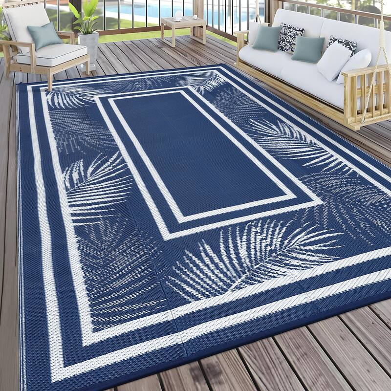 Outdoor Rug Waterproof Plastic Straw Rug Portable Camping Rug Leaves Pattern Outdoor Carpet for RV Porch Deck Camper - 9'x18' - Dark Blue/White