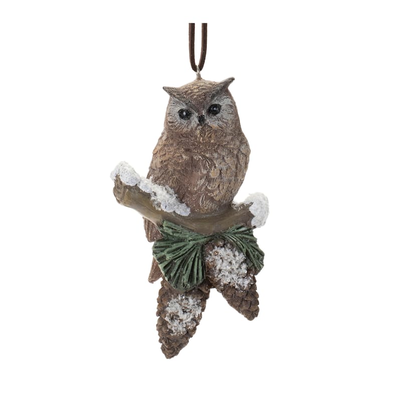 Set of 12 Cardinal and Owl Ornaments with Snow Pine Details - 4” x 3” x 3”