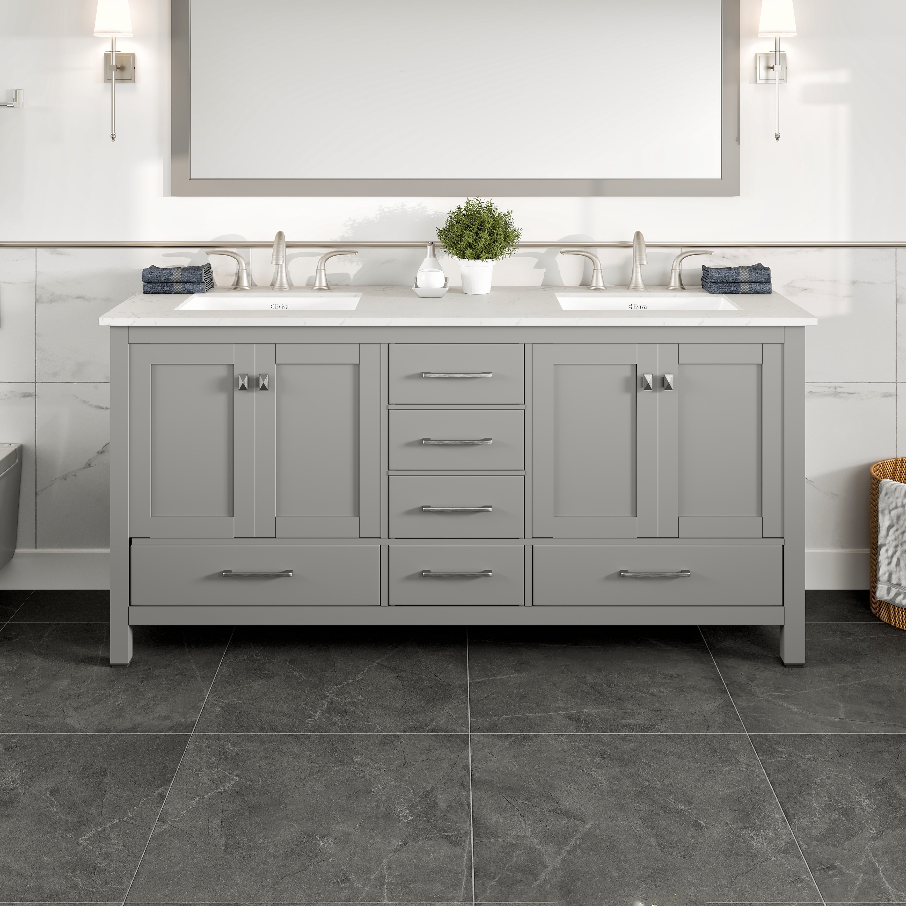 Aberdeen 72"W x 22"D Grey DS Vanity with Carrara Quartz Top