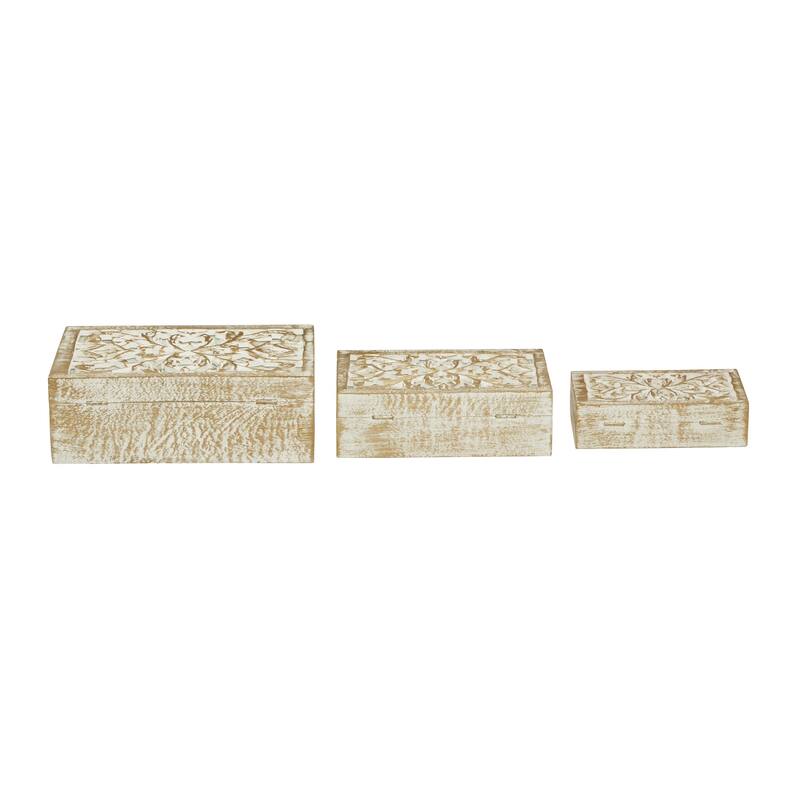 Mango Wood Floral Handmade Decorative Box with Hinged Lid - Set of 3 Brown or White - Roche River Decor