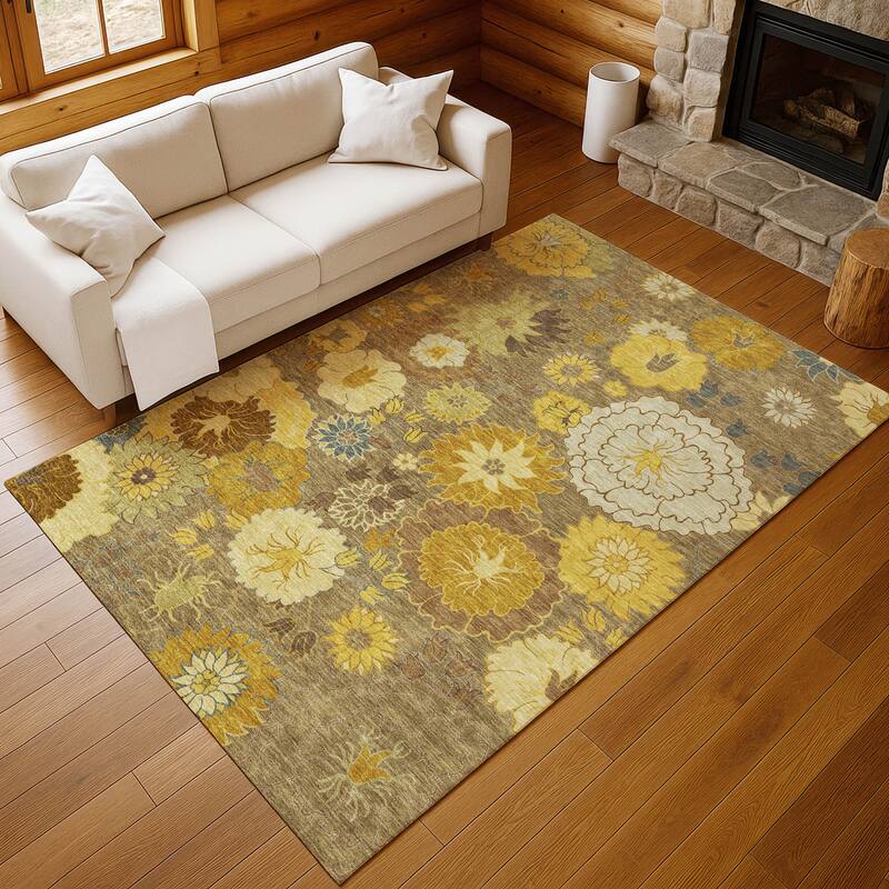 Machine Washable Indoor/ Outdoor Modern Floral Chantille Rug