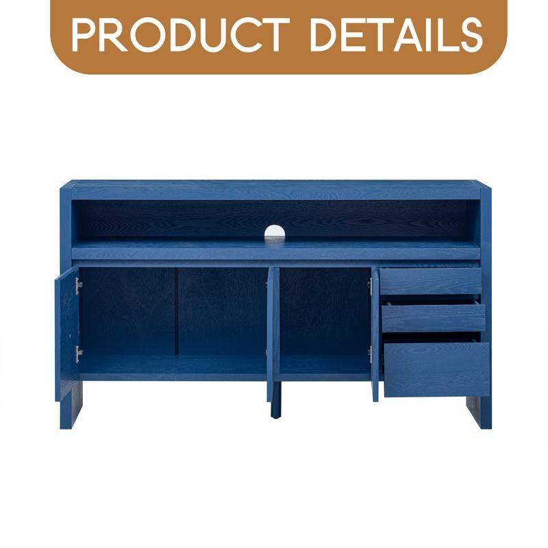 60" 3-Door Sideboard with 3 Drawers - Modern Solid Ash Veneer MDF Sideboard, Semi-Open Shelf & Center Semi-Circular Cutout
