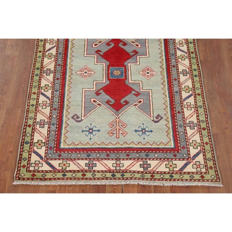 Green Kazak Accent Rug Hand-Knotted Wool Carpet - 3'6" x 4'11"