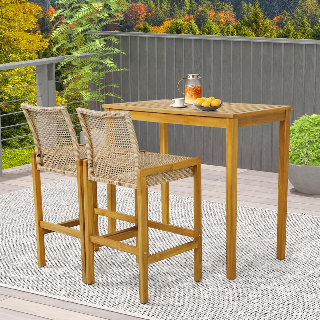 Set of 2/4 Patio Wood Barstools Rattan Bar Height Chairs w/ Backrest