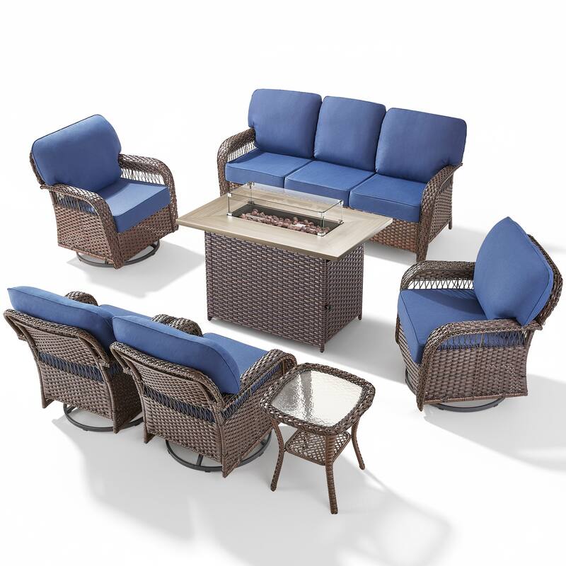 Pocassy Patio Sofa Ottoman Swivel Chair Table with Fire Table Funiture Set.