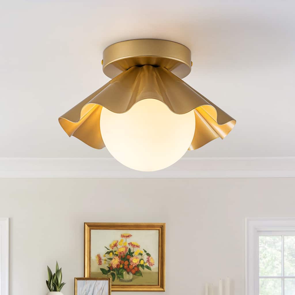 Modern industrial 1-Light Flush Mount Ceiling Light with Opal Glass Shape - Gold - 9.1" W × 6.3" H