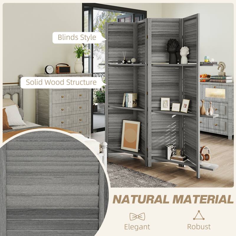 HOMCOM Blinds Style 4-Panel Wood Room Divider, 67'' Tall Folding Privacy Screen Panels Gray - 8' x 10'
