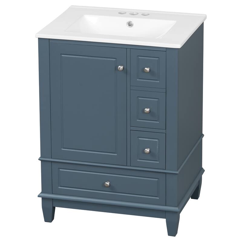 24" Bathroom with Sink and Drawers,Freestanding Cabinet with Ceramic Top and Shelves,MDF and Wood Base,Modern Sink Cabinet