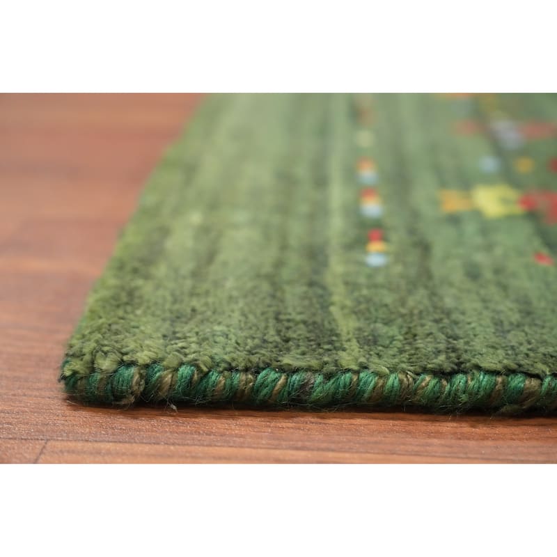 Hand Knotted Oriental Viscose Silk Carpet Tribal Animal Pictorial Green Gabbeh Runner Rug - 7' 5'' X 2' 10''