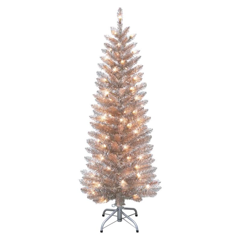 Puleo International 4.5 ft. Pre-Lit Rose Gold Tinsel Artificial - Pink
