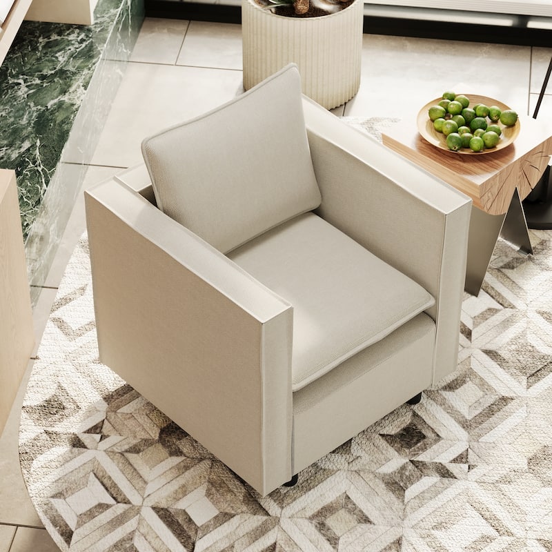 Linen Fabric Single Sofa Chair, Comfy Upholstered Reading Armchair, Modern Decorative Chair for Bedroom, Reading Room - Beige