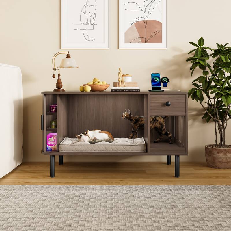 37.4" Cat Litter Box Enclosure with Sliding Door, Hidden Litter Box Enclosure Furniture with Storage Drawer and Charging Statio