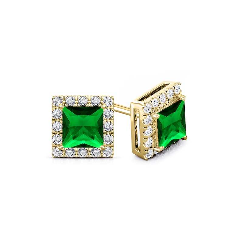 Auriya 14k Gold Lab Grown Gemstone Green Emerald Stud Earrings Princess 0.25 to 5.00 ct. tw. Halo Screw-Back
