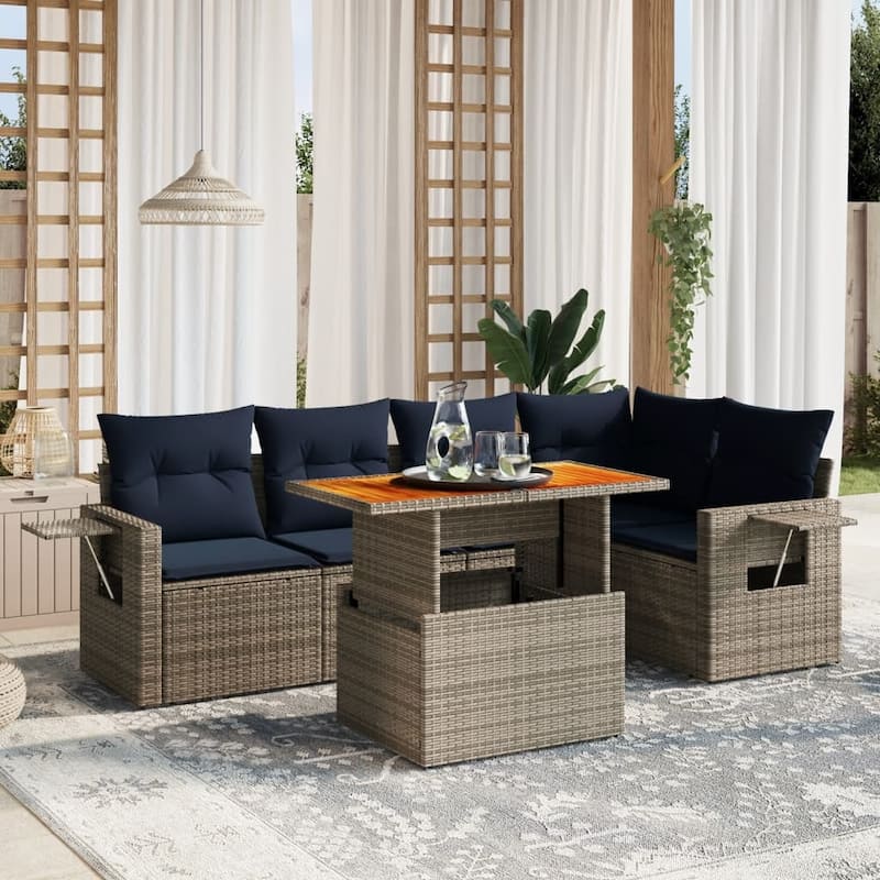 vidaXL Patio Sofa Set with Cushions Outdoor Furniture 6 Piece Poly Rattan - 24.4 x 24.4 x 27.2 - Grey and Navy Blue