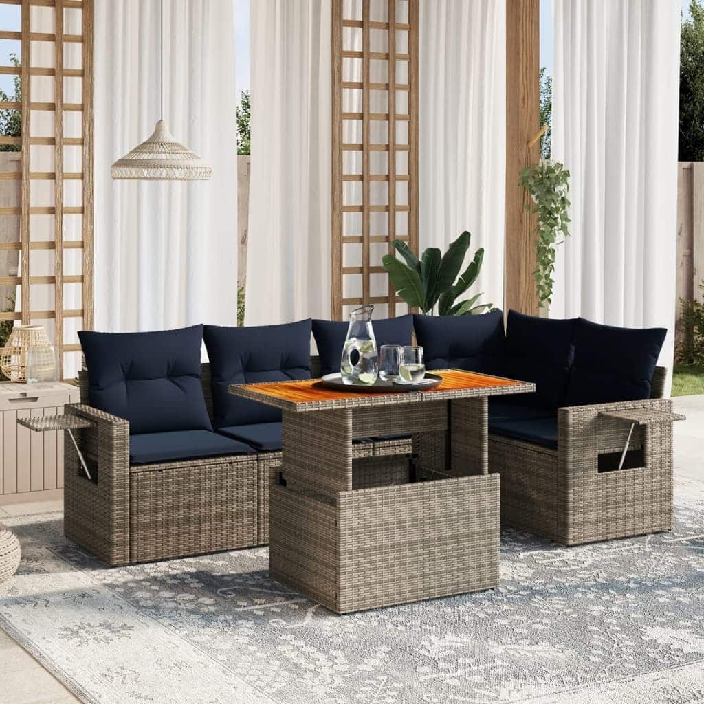 vidaXL Patio Sofa Set with Cushions Outdoor Furniture 6 Piece Poly Rattan - 24.4 x 24.4 x 27.2