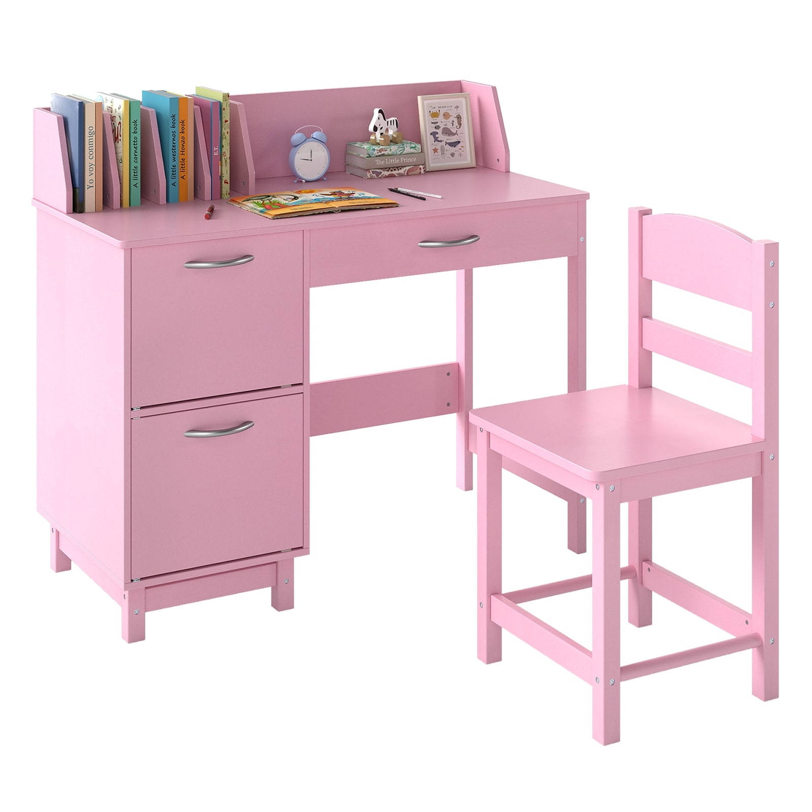 Gymax Kids Study Desk & Chair Set w/Chair 2 Storage Cabinets Drawer 4