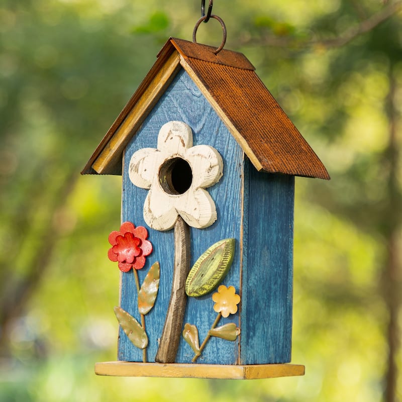 Glitzhome 10"H Multicolor Cute Distressed Solid Wood Birdhouse with 3D Flowers