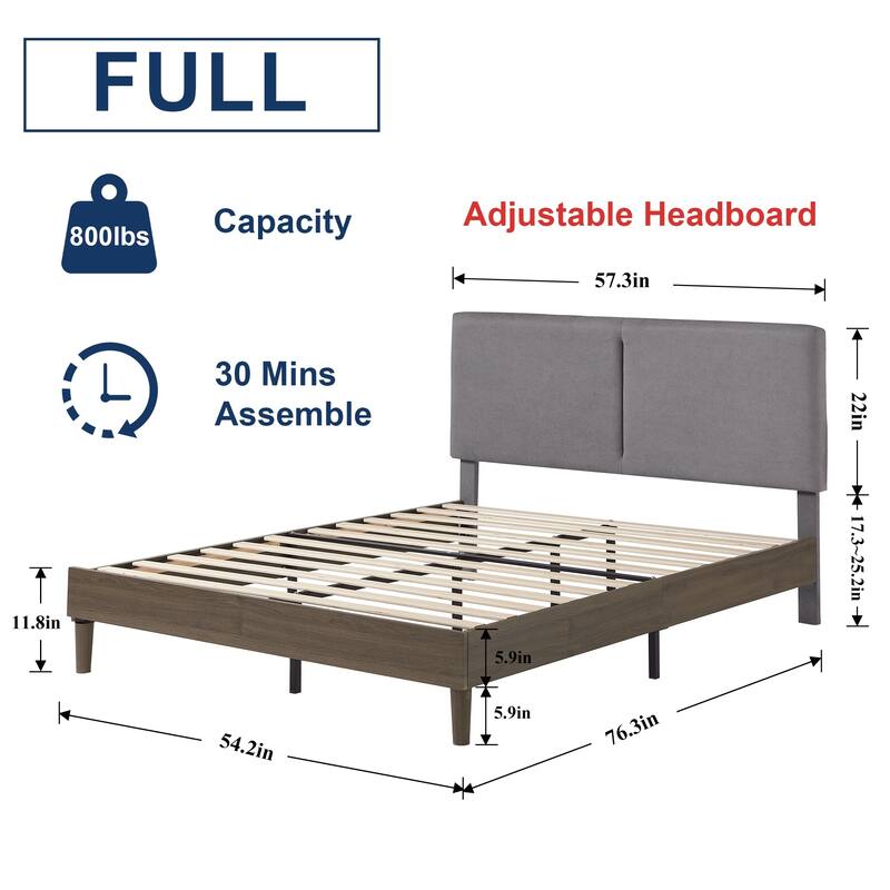 Javlergo Upholstered Bed Frame with Linen Fabric Adjustable Headboard, Strong Wood Slats Supports, No Box Spring Needed