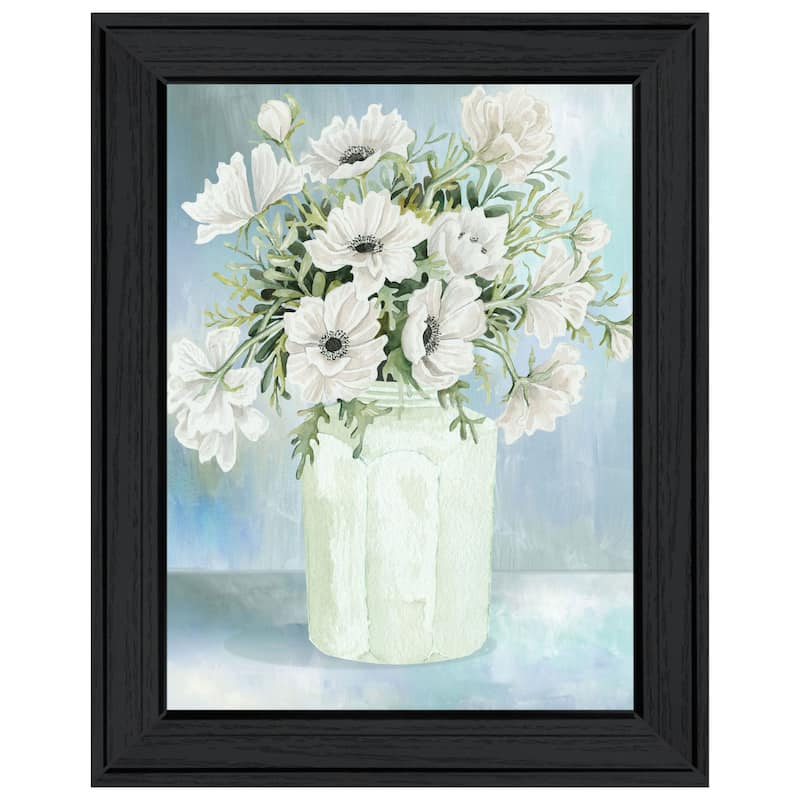 TrendyDecor4U Farmhouse "WHITE BLOOMS II" Framed Print Wall Art - Charcoal