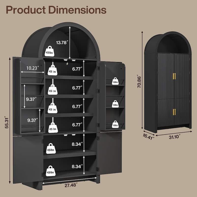 BOSSIN 71" Arched Fluted Door Pantry Cabinet, 9-Shelf Storage Organizer for Kitchen,Bathroom,Natural Wood Finish