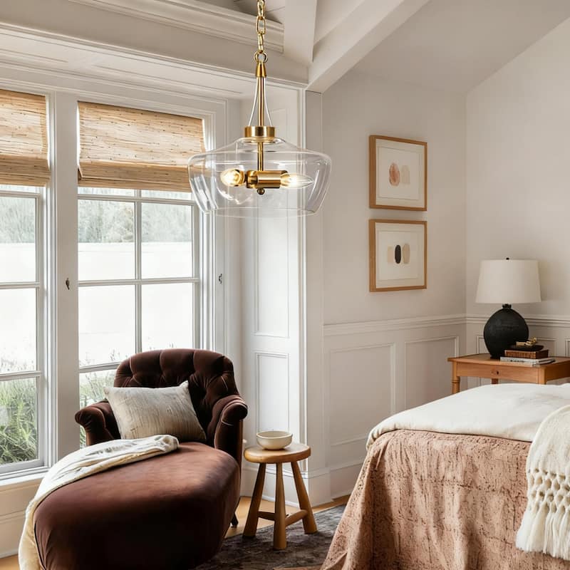 Zelena Modern Farmhouse Gold Chandelier Glass Drum Pendant Light for Dining Room