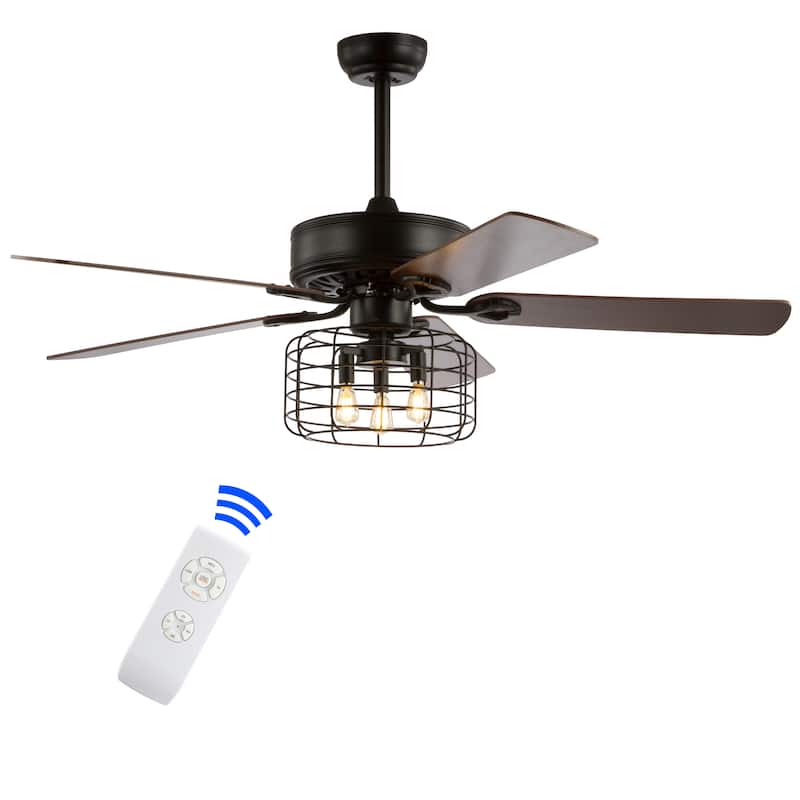 Edith 52" 3-Light Industrial Metal/Wood LED Ceiling Fan With Remote, Forged Black by JONATHAN Y