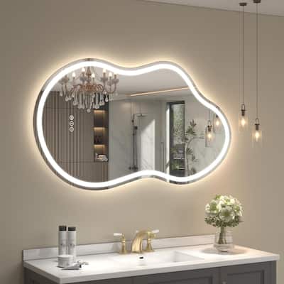 KIOTEE Frameless Irregular LED Anti-Fog Bathroom Vanity Mirror Asymmetrical Front and Backlit Wall Mirror