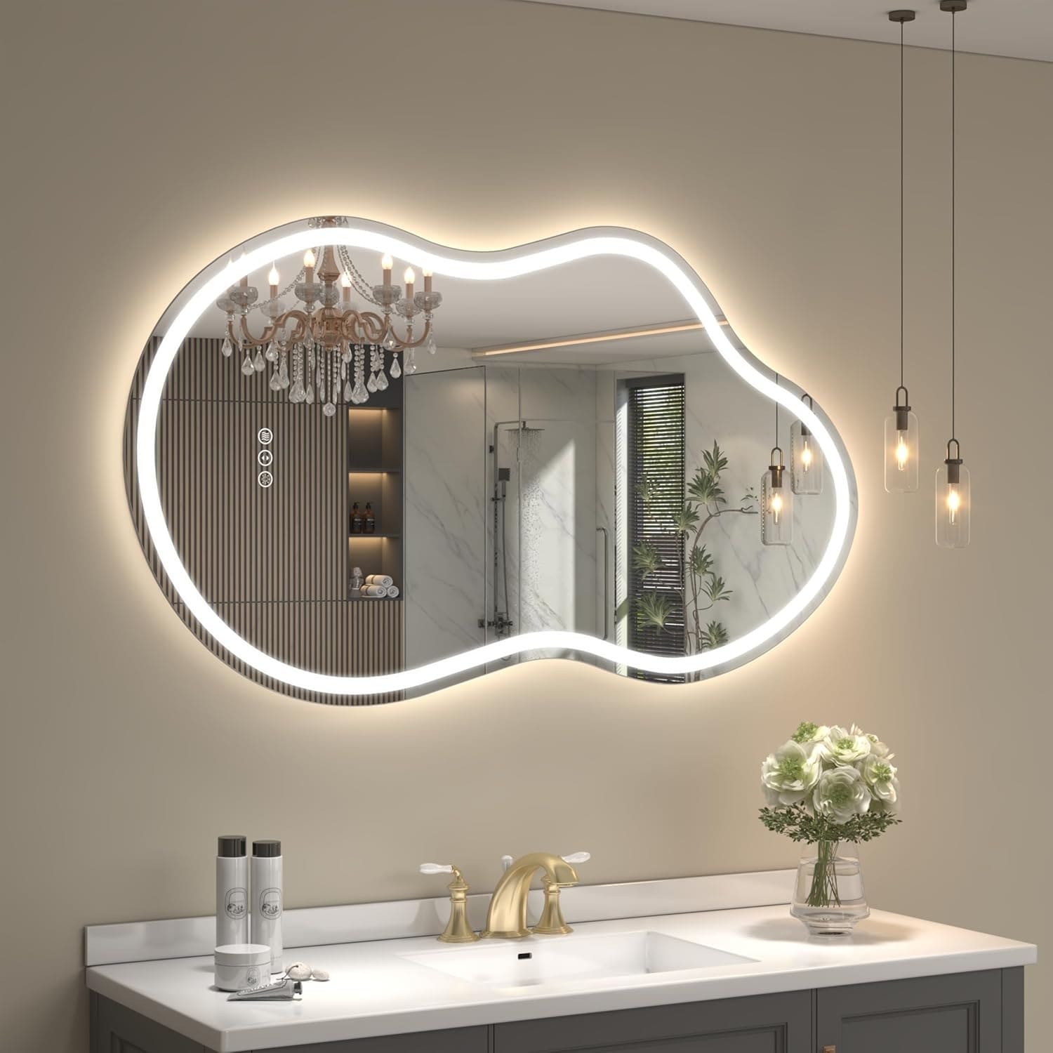 High Brightness LED Bathroom Mirror Frameless Irregular Front & Backlit Anti-Fog UL Certified
