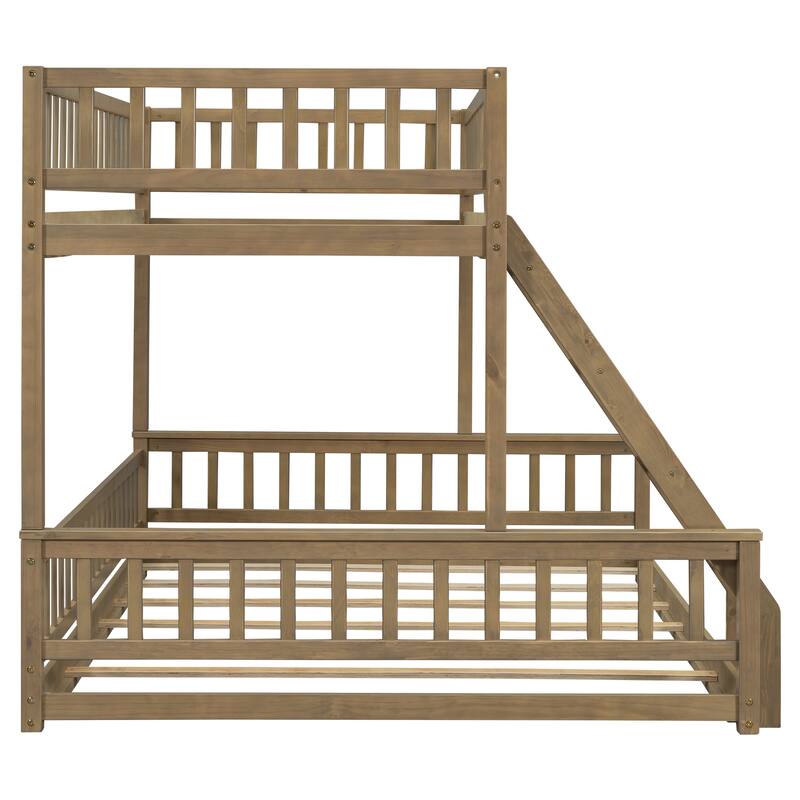 Walnut Twin XL over Queen Size Bunk Bed with Ladder and Guardrails for Kids