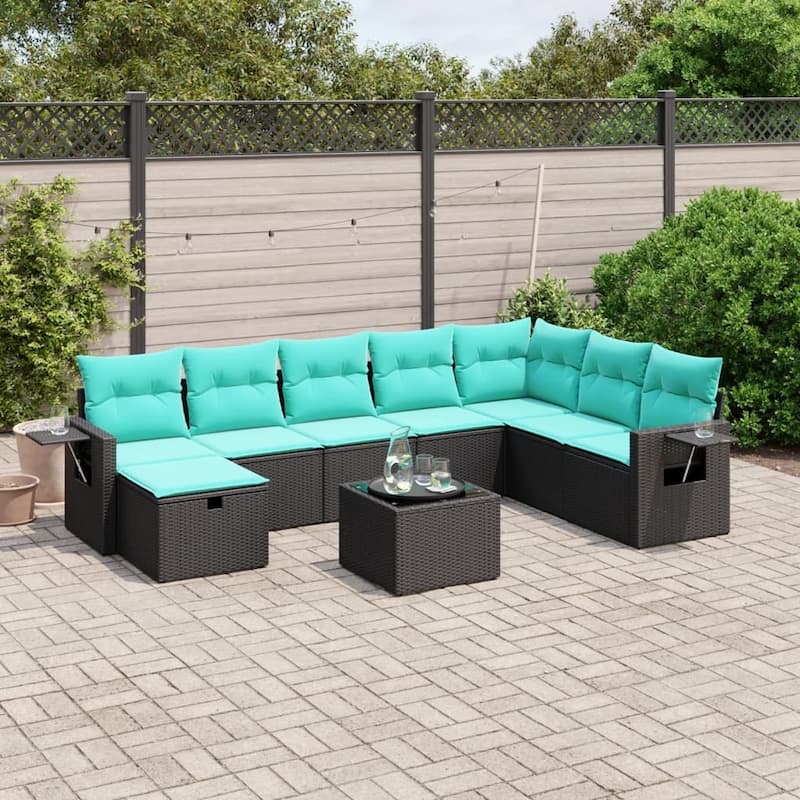vidaXL Patio Sofa Set with Cushions Outdoor Conversation Furniture Poly Rattan - 24.4" x 24.4" x 27.2" - Black
